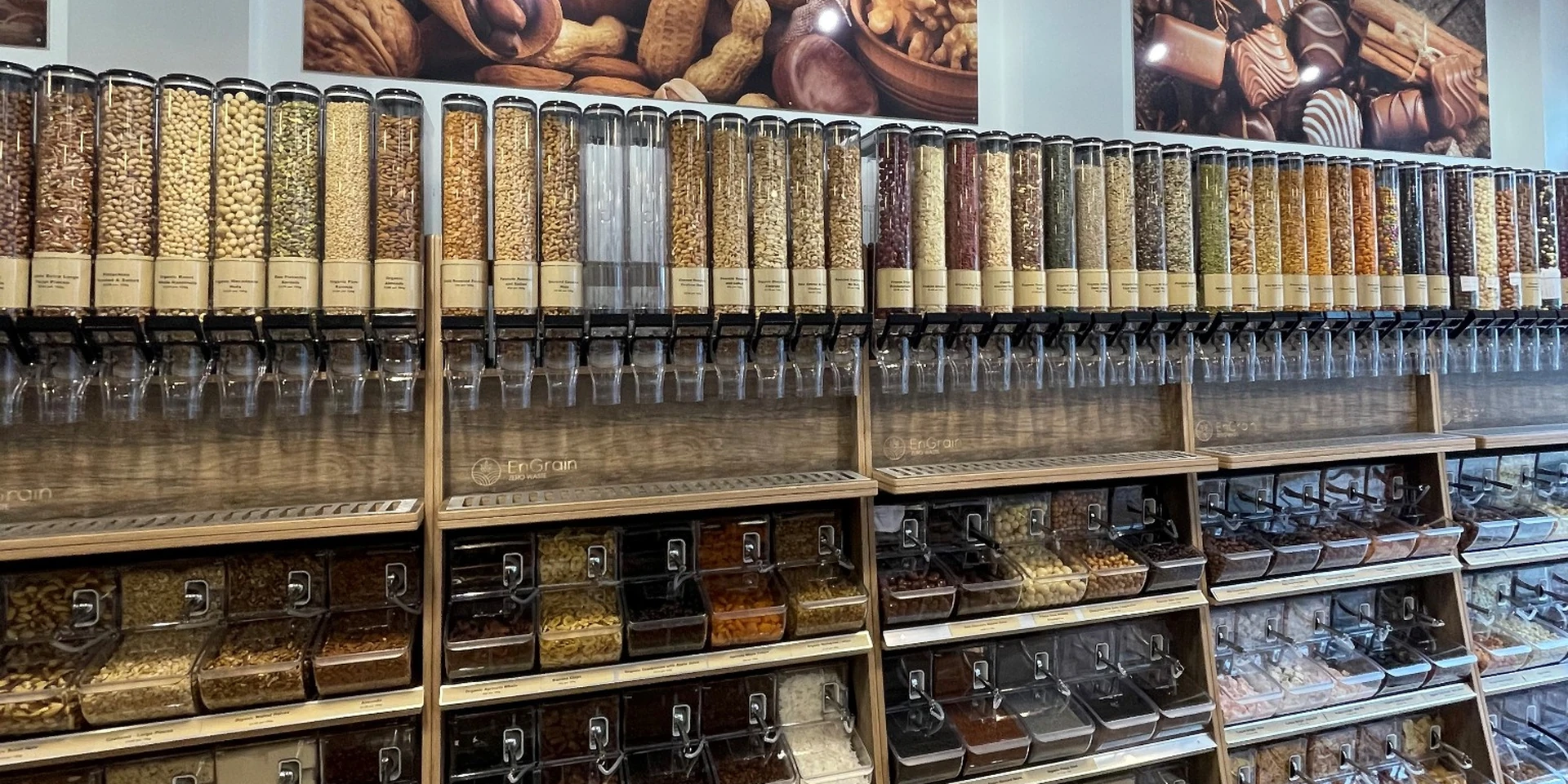 Engrain Zero Waste refill store featuring MZW EcoPremium Refill stands and EcoFlo dispensers.