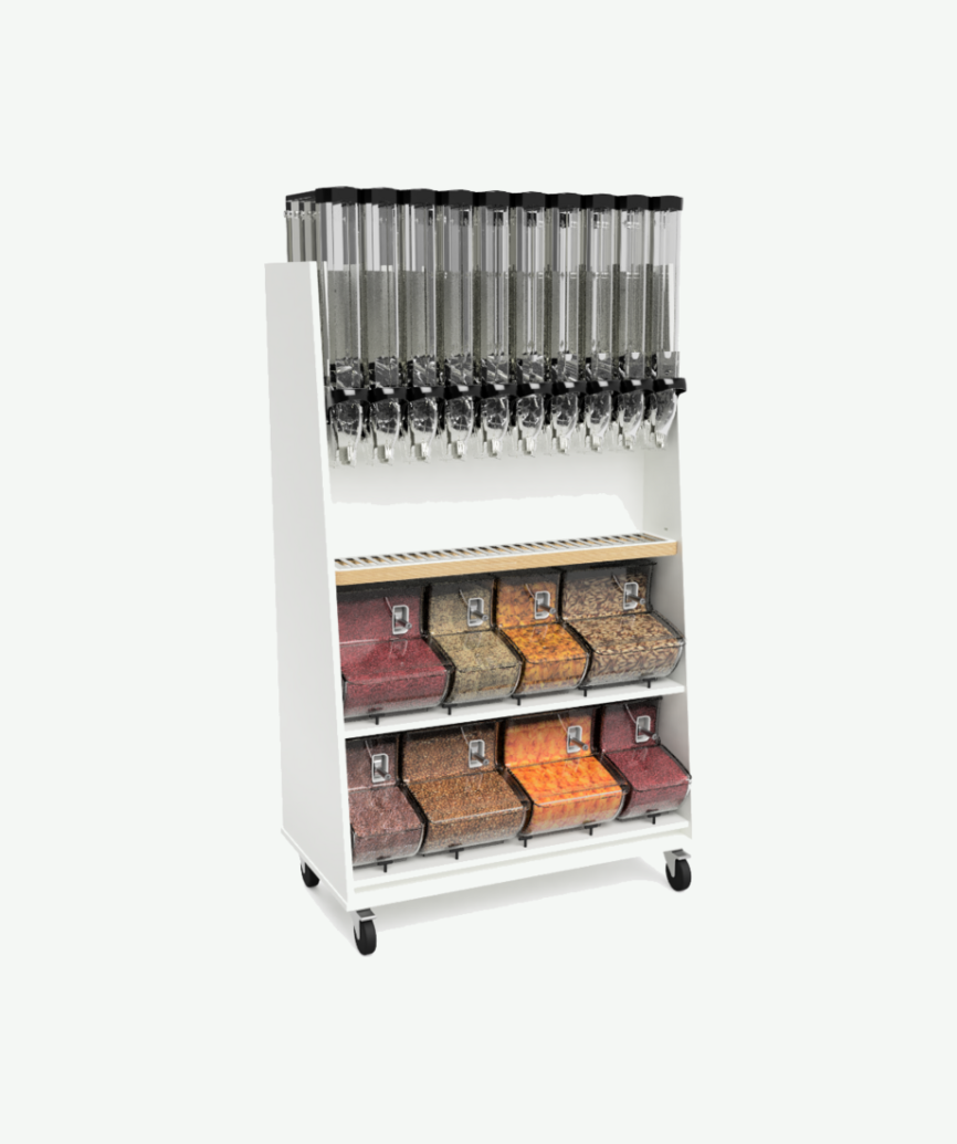 Mighty Mix Mobile refill stand in white with scoop bins