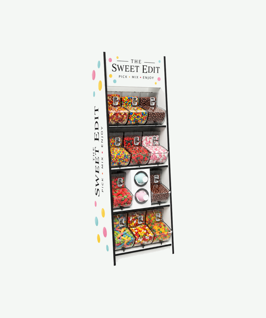 The Mega Mix Mix Slim Pick and Mix Stand - with black edging and full branding and cup holders