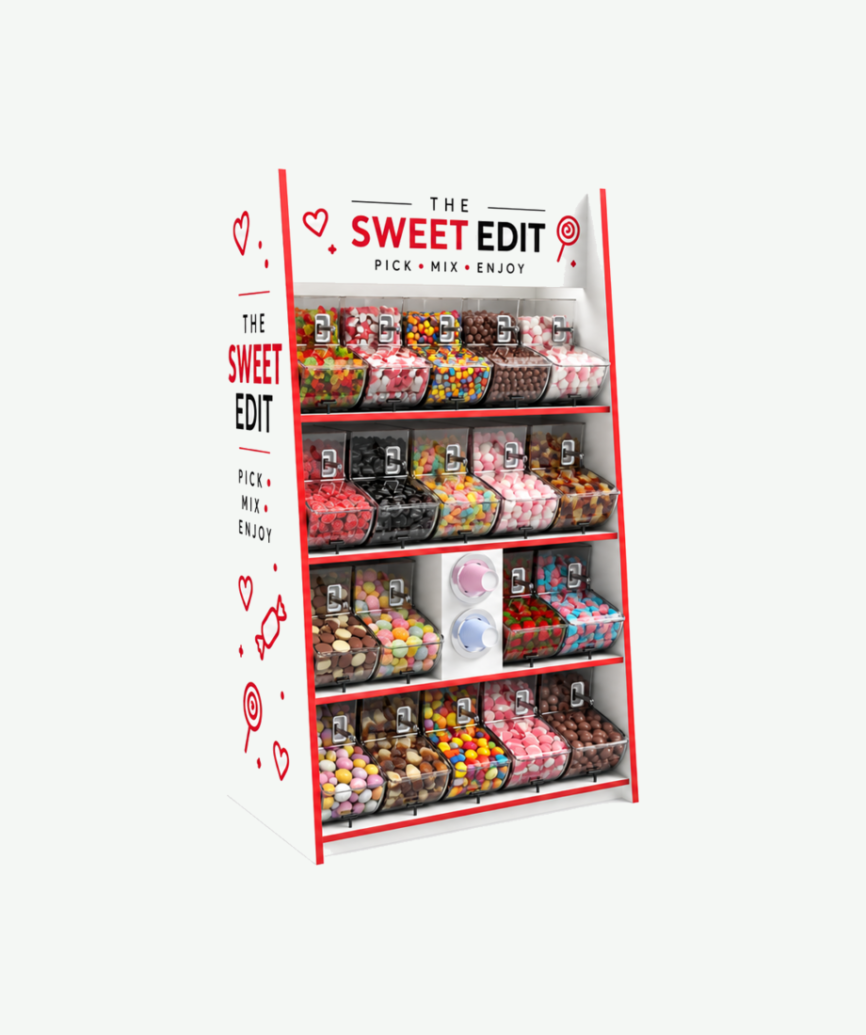 The Mega Mix Mix Pick and Mix Stand - with red edging and full branding and cup holders