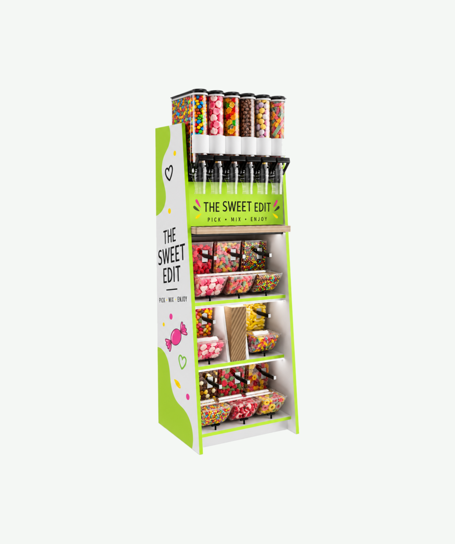 The Mighty Mix Mix Slim Pick and Mix Stand - with green edging and full branding and bag holders