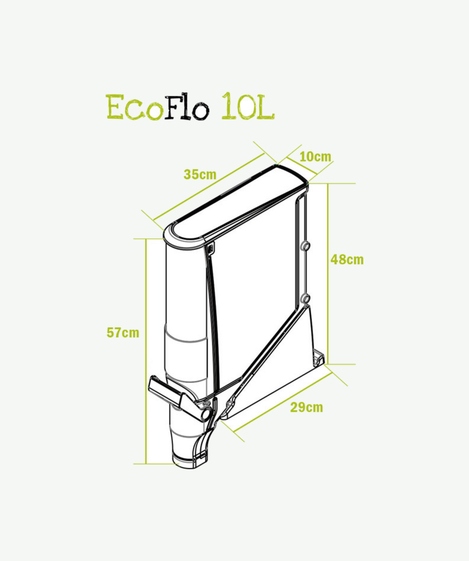 Diagram of EcoFlo 10L: 35cm deep x 10cm wide x 57cm high