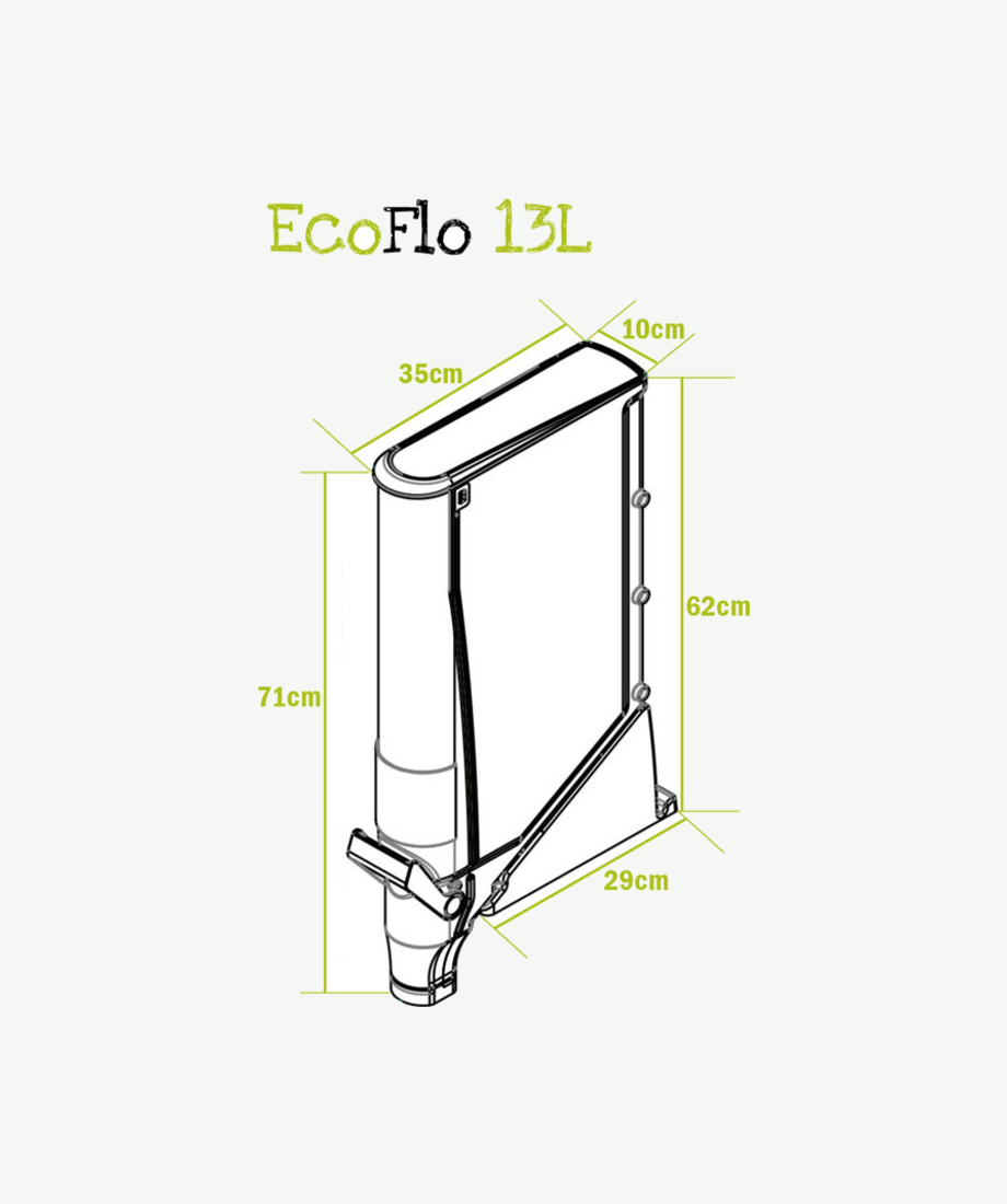Diagram of EcoFlo 13L: 35cm deep x 10cm wide x 71cm high