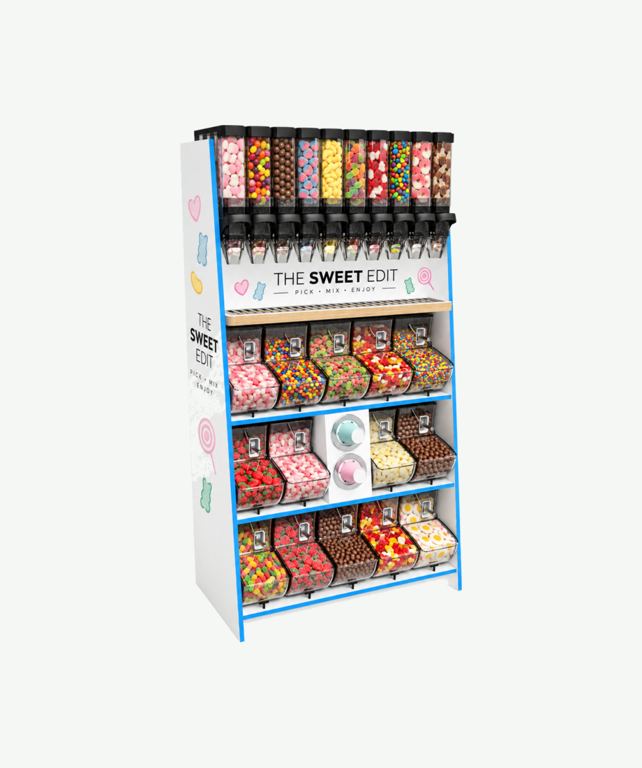 The Mighty Mix Mix Pick and Mix Stand - with blue edging and full branding and cup holders