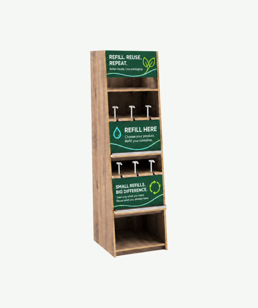 Liquid pump station to hold 6 pumps with which are hidden behind removable panels. wood finish shown with branding.