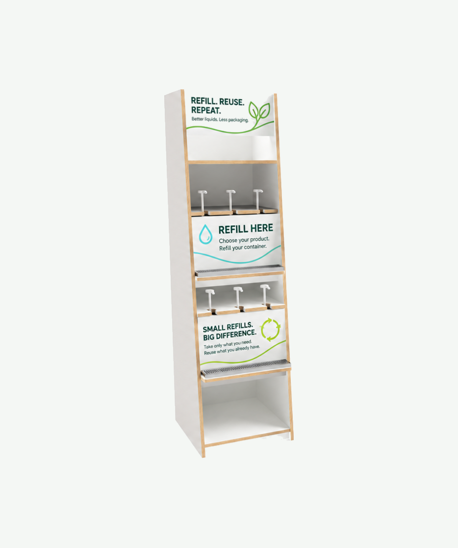 Liquid pump station to hold 6 pumps with which are hidden behind removable panels. White finish shown with example branding